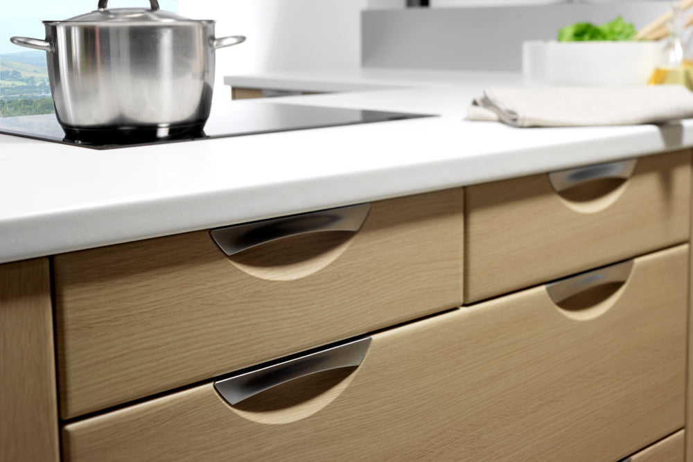 Scoop style drawer fronts with a wood finish