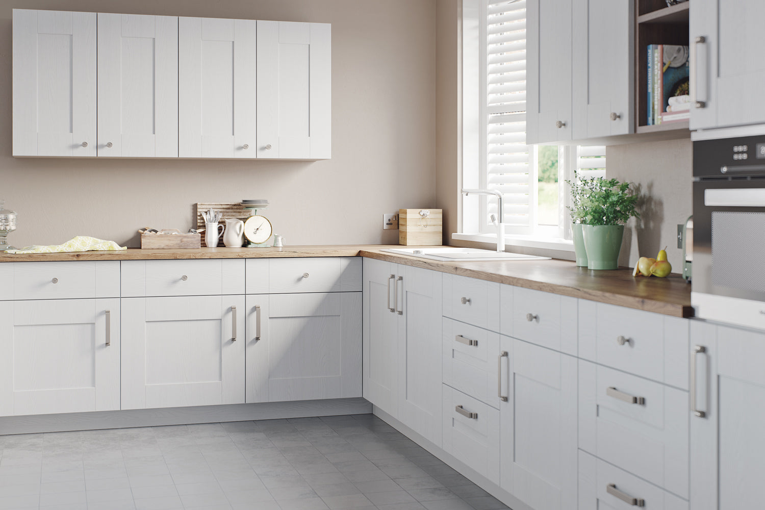 Light grey kitchen with shaker style cupboard doors