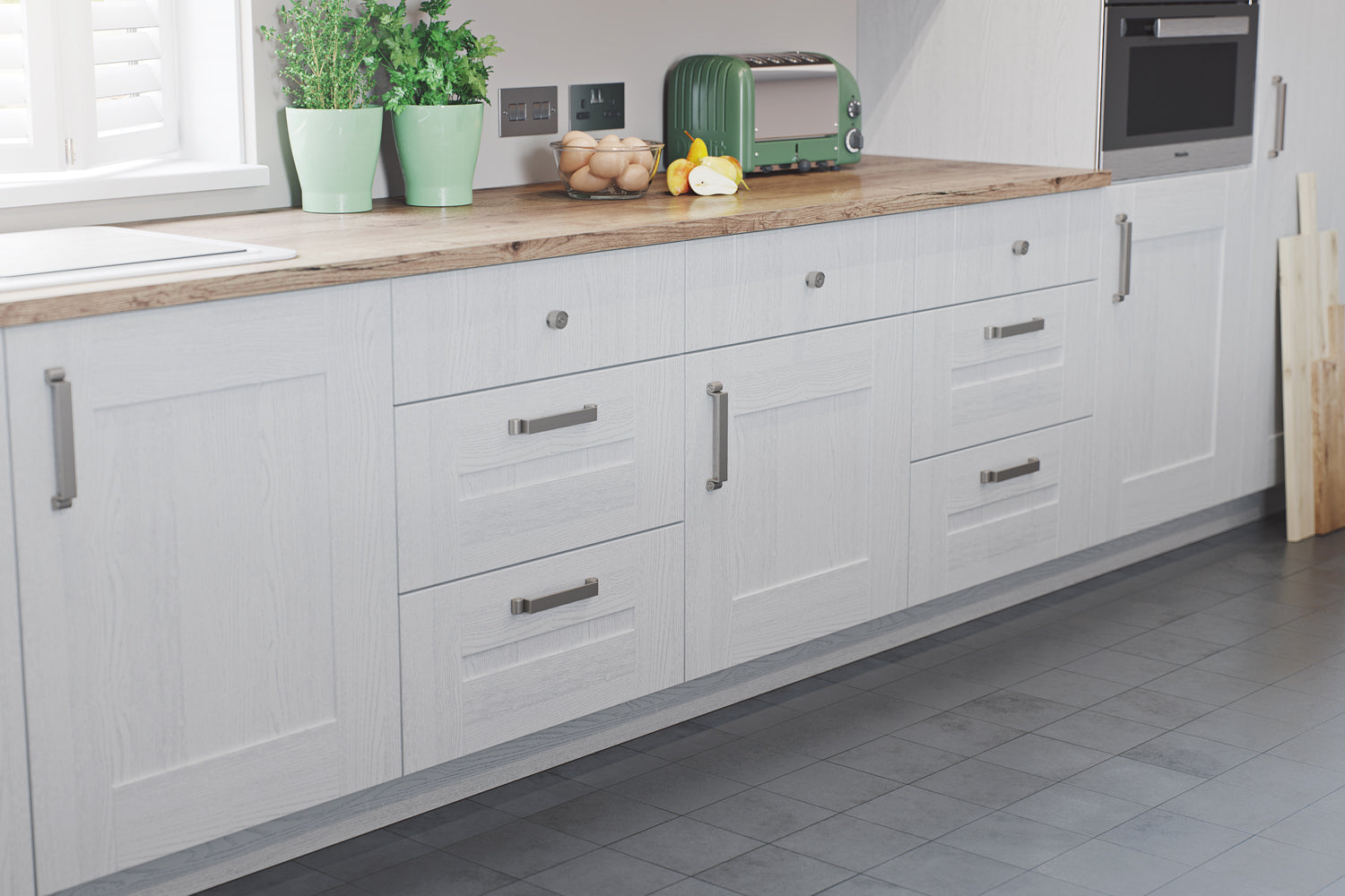 Shaker style doors and drawers in light grey
